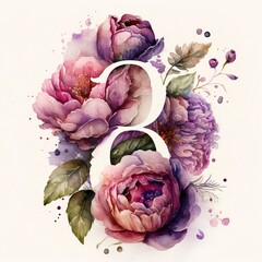 Sticker - Number 8 with flowers, watercolor with Generative AI 