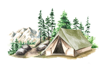 hiking tent near the camping place hand drawn watercolor illustration isolated on white background