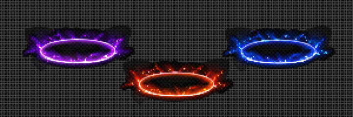 Poster - Round energy portal with lightnings. Circle electric frames with neon glow and discharges in angle view. Blue, red and purple electric rings isolated on transparent background, vector realistic set