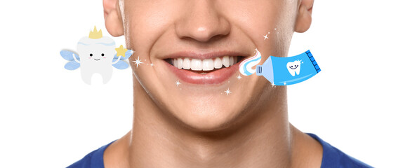 Poster - Young man with healthy teeth, tooth fairy and paste on white background, closeup