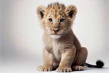 Portrait Of A Baby Lion On A White Background. Generative Ai