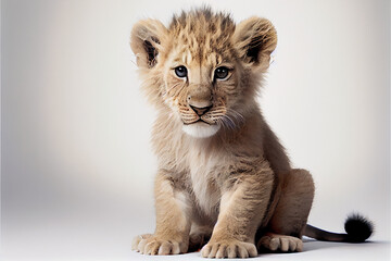 Wall Mural - Portrait of a baby lion on a white background. generative ai