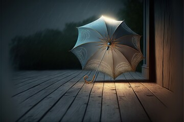 Poster -  an open umbrella sitting on a wooden floor next to a window in the rain at night with a light shining on the top of the umbrella.  generative ai