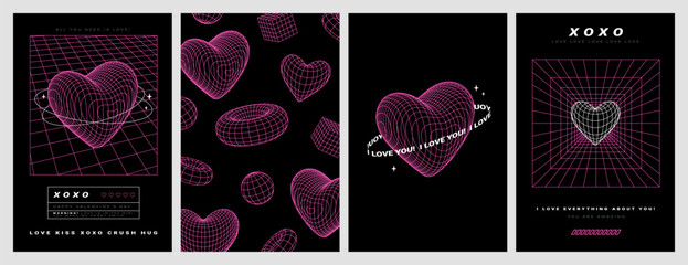 Wall Mural - Geometry wireframe shapes and grids in neon pink color. 3D heart, abstract background, pattern, cyberpunk elements in trendy psychedelic rave style. 00s Y2k retro futuristic aesthetic. Love concept.