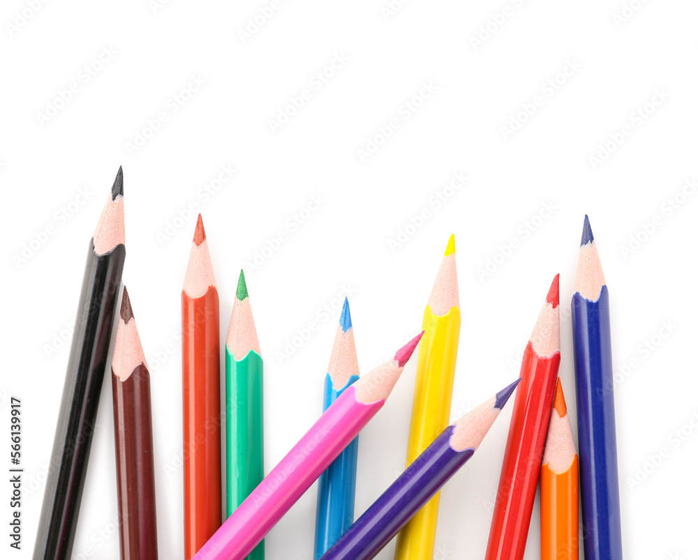 Set of colorful pencils on white background, top view