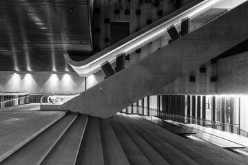 Poster - Interior view of stairway and escalator in modern architecture