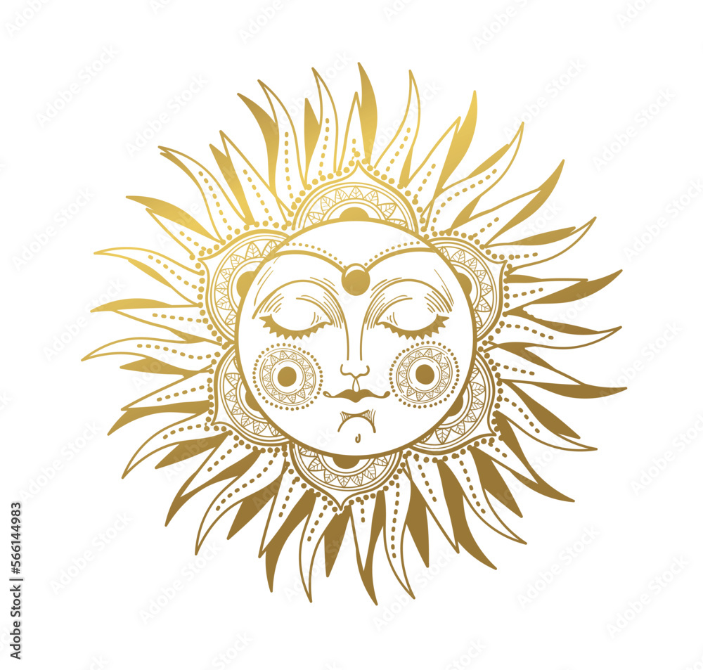 Mystical sun drawing with face, golden magical astrology symbol, celestial mythological illustration, vector hand drawing isolated on white. Witch tattoo, boho sticker.