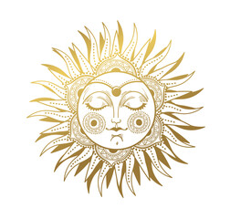 Wall Mural - Mystical sun drawing with face, golden magical astrology symbol, celestial mythological illustration, vector hand drawing isolated on white. Witch tattoo, boho sticker.