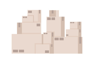 Poster - Parcel boxes pile in warehouse semi flat color vector objects. Cardboard packages. Editable items. Full sized elements on white. Simple cartoon style illustration for web graphic design and animation