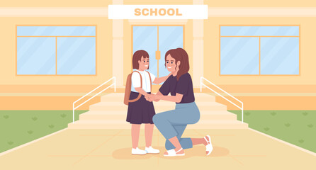 Poster - Motivating first grader flat color vector illustration. Mom with little daughter. Fully editable 2D simple cartoon characters with educational building exterior on background. Archivo Black font used