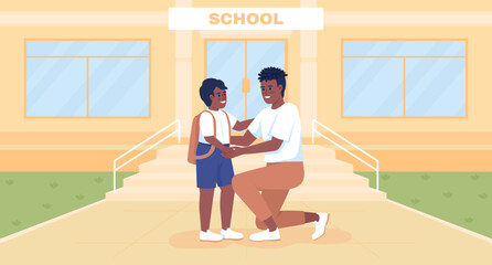 Poster - Encouraging first grade student flat color vector illustration. Father with son. Fully editable 2D simple cartoon characters with educational building exterior on background. Archivo Black font used