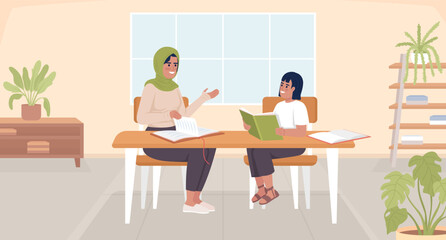 Poster - Help child to relieve struggles with learning flat color vector illustration. Mother explaining daughter assignment. Fully editable 2D simple cartoon characters with living room interior on background