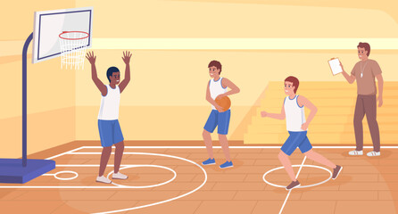 Wall Mural - Workout and exercise class flat color vector illustration. Physical education. Athletic boys playing basketball in team. Fully editable 2D simple cartoon characters with gym on background