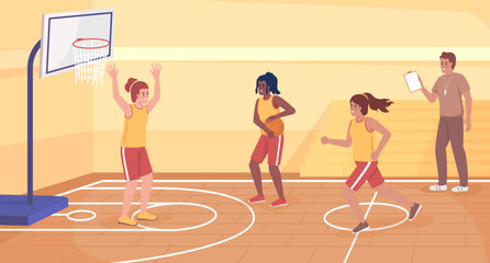 Poster - Athletic club in school flat color vector illustration. Sporty girls playing basketball together. High school sports activities. Fully editable 2D simple cartoon characters with gym on background