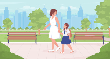 Poster - Morning walking to school flat color vector illustration. Family bonding. Mother with daughter in school uniform. Fully editable 2D simple cartoon characters with park and cityscape on background