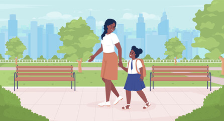 Poster - Picking up child after school day flat color vector illustration. Mom with female first grader in school uniform. Fully editable 2D simple cartoon characters with park and cityscape on background
