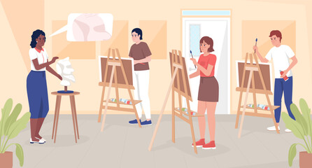 Poster - Art education in school flat color vector illustration. Teacher instructing students about human features realistic drawing. Fully editable 2D simple cartoon characters with classroom on background