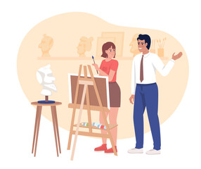 Aufkleber - painting classes 2d vector isolated illustration. male teacher instructing female student about art 