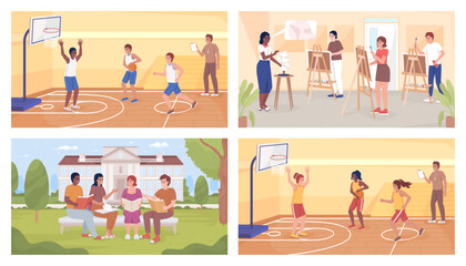 Poster - Spending school week flat color vector illustration set. Study during break, classes. Fully editable 2D simple cartoon characters pack with art classroom, gym and school building on background