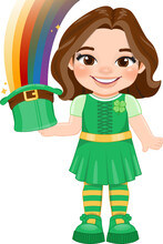 St. Patrick S Day With Brown Short Hair Girl  In Irish Costumes Holding Rainbow Leprechaun Hat Cartoon Character Design