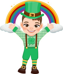 St. Patrick s Day with brown hair boy in Irish costumes standing front of rainbow cartoon character design