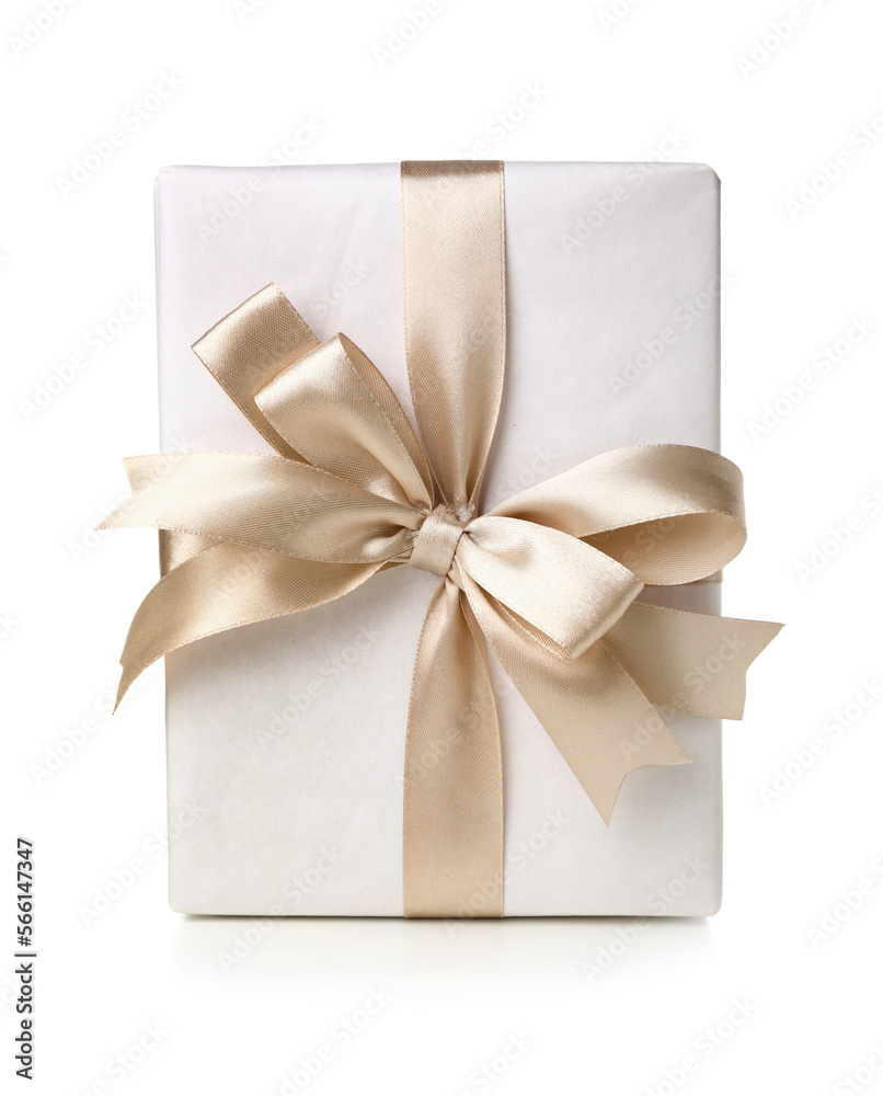 Gift box tied with satin ribbon isolated on white background