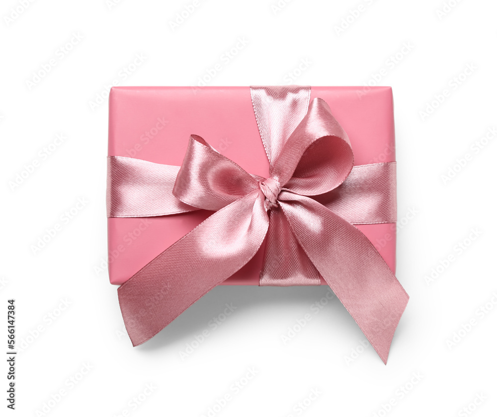 Beautiful gift box with tied with silk ribbon on white background