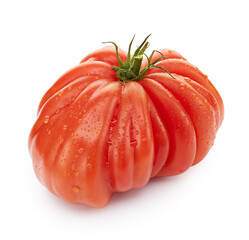 Wall Mural - Fresh ripe vegetable tomato with drops of water close up isolated on white background