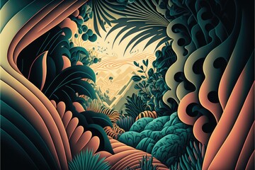 psychic wave stylised illustration of jungle, film grain, grain,  retro colors, 3d elements