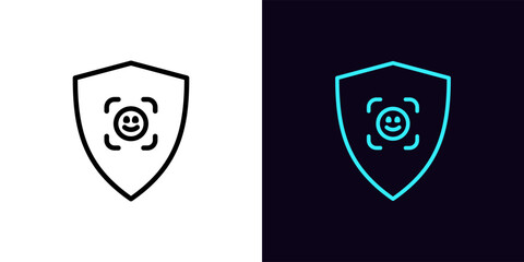 Poster - Outline shield security icon, with editable stroke. Shield frame with Face ID sign, facial scanner. Cyber security, secure check, face recognition and safe personal identify.