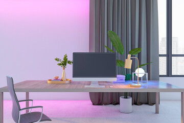 Aufkleber - Close up of blank computer on designer desktop in office interior with curtains, furniture, decorative plant and window with city view. Mock up, 3D Rendering.