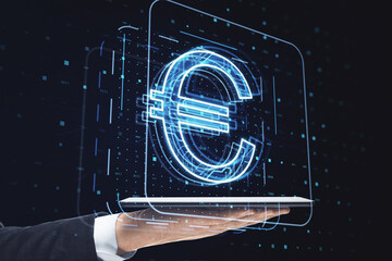 Wall Mural - Close up of businessman hand holding cellphone with glowing euro sign hologram on blurry dark tech background. Concept for investment and passive income, currency growth.