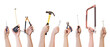 Hands holding different mechanic tool isolated on transparent background PNG file