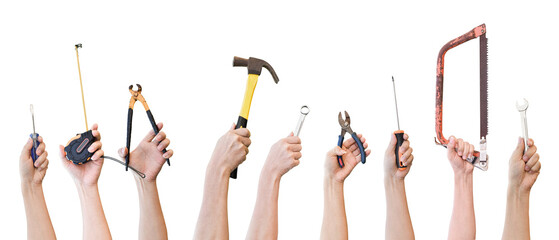 hands holding different mechanic tool isolated on transparent background png file