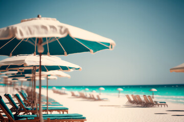 Sun loungers and striped umbrellas on a white sand beach on the ocean coast.