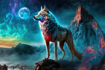 Beautiful wolf in a magical fantasy landscape, Generative AI