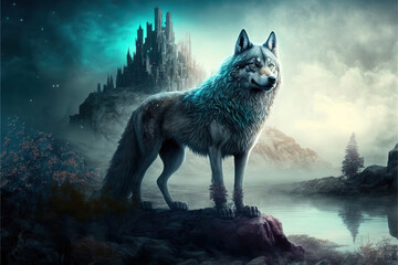 Naklejka na meble Beautiful wolf standing on a rock next to a lake, Generative AI