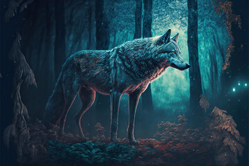 beautiful wolf in a magical fantasy forest with glowing light, generative ai