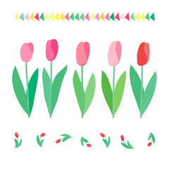  Scarlet, Pink Tulips Vector Illustration Set. Isolated  elements can be usedfor various design projects such as cards, logos, patterns, and more. Perfect for use in retro or hipster designs. 