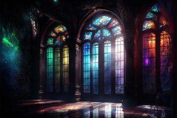 Generative AI Palace interior with high stained-glass windows made of multicolored glass, an old majestic hall, sun rays through the windows. Dark fantasy interior.