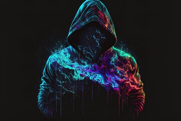 Generative AI double exposure a lone figure in a hoodie and power boxing, universes collide with neon, cyberpunk, holography, cosmic background. Anonymous man in a black hoodie hacking computer avatar