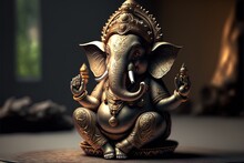 Generative AI On Statue Of Lord Ganesha , Ganesha Festival. Hindu Religion And Indian Celebration Of Diwali Festival Concept On Dark, Red, Yellow Background And Copy Space