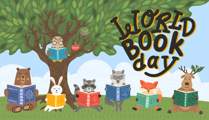 Wall Mural - World book day. Animals read books under big tree in the forest. Owl, deer, raccoon, fox, wolf, hare and bear. Hand drawn lettering. Children illustration, literature, storytime, education concept. 