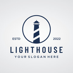 Sea lighthouse tower building creative Logo design with spotlights vintage vector template.