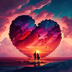 Generative AI an artwork of a couple standing on a cloud, looking out at a beautiful sunset over the ocean. The couple holding hands in front of cinematic sunset with heart shape cloud. Valentine