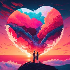 Generative AI an artwork of a couple standing on a cloud, looking out at a beautiful sunset over the ocean. The couple holding hands in front of cinematic sunset with heart shape cloud. Valentine