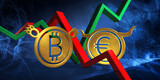 Fototapeta Góry - bullish eur to bearish btc currency. foreign exchange market 3d illustration of euro to digital bitcoin. money represented  as golden coins