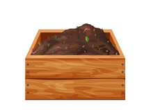 Organic Soil Heap For Compost In Wooden Box, Garden Recycling Natural Garbage. Earth Worms And Biodegradable Trash. Vector Illustration