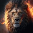 realistic fire lion photorealistic focus on you fantastic background Generative AI