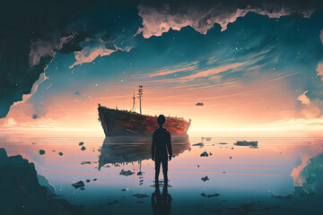 A man standing in a river with his shipwreck against the background of the sky upside down, digital art style, illustration painting